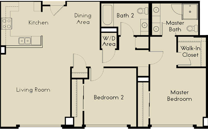 Floor plan for 2 beds, 2 baths, 1174 sqft